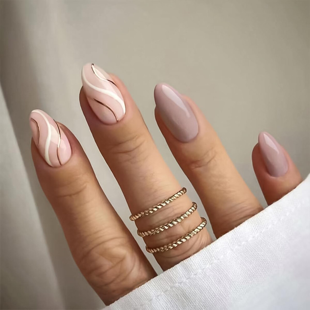 Pink Striped Glossy Press On Nails With Glue, Reusable Fake Nails For Women, 24Pcs Medium Almond