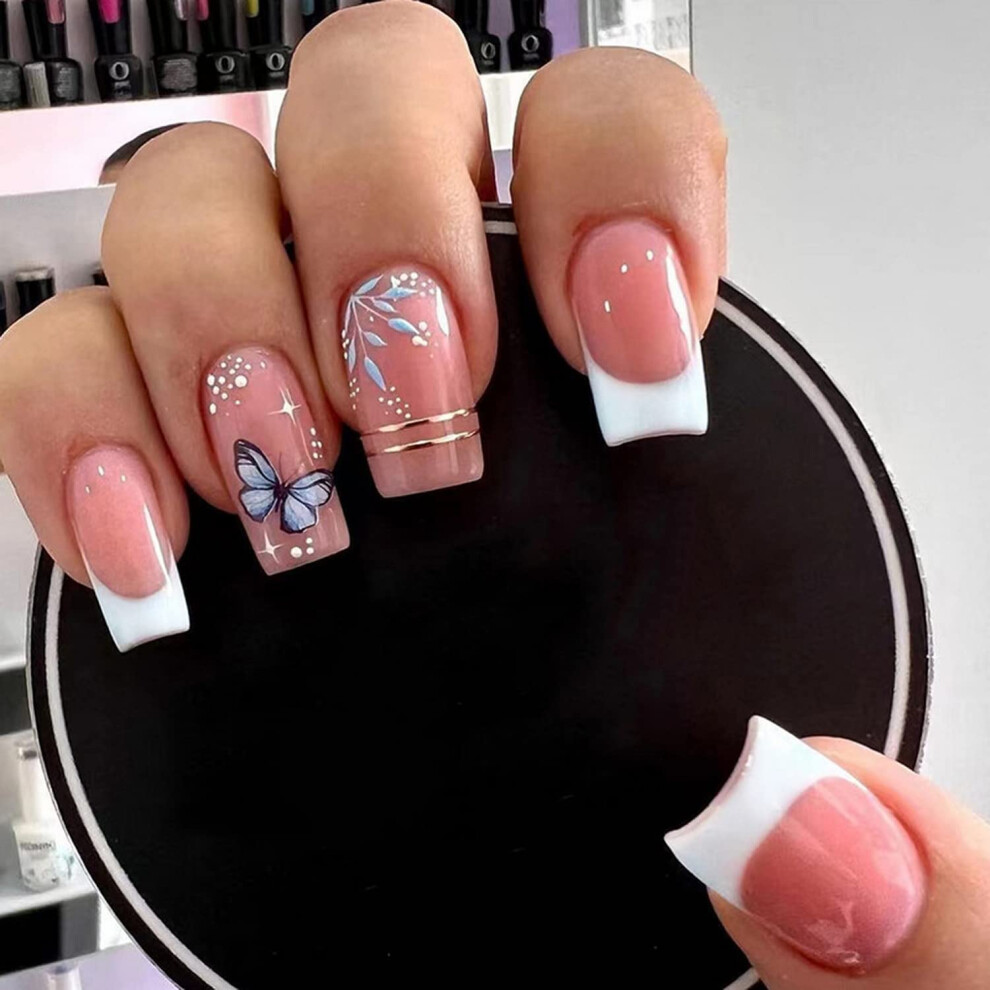 Square Press on Nails Medium Length with Butterfly and Leaf French Tip Acrylic False Nails 24Pcs