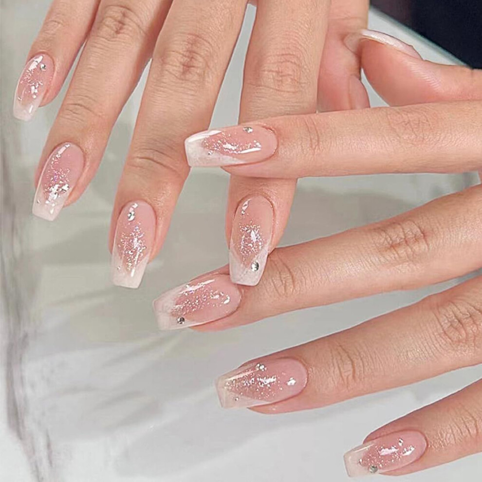 Pink,Cream 24Pcs Medium Coffin Press On Nails Nude Pink French Glitter Rhinestone Acrylic False Nails For Women