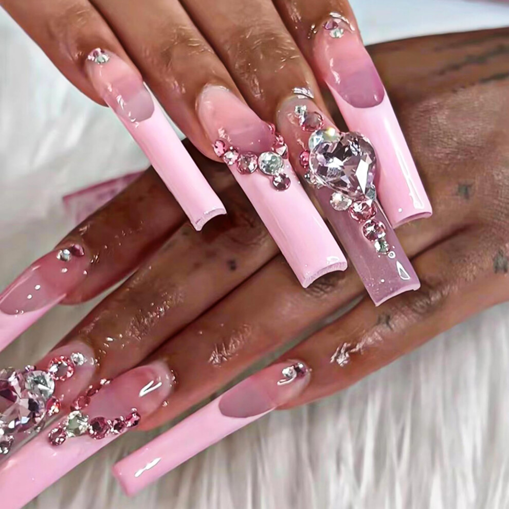 Pink 24Pcs Extra Long Coffin Press On Nails Glitter Rhinestone Ballerina Full Cover Fake Nails
