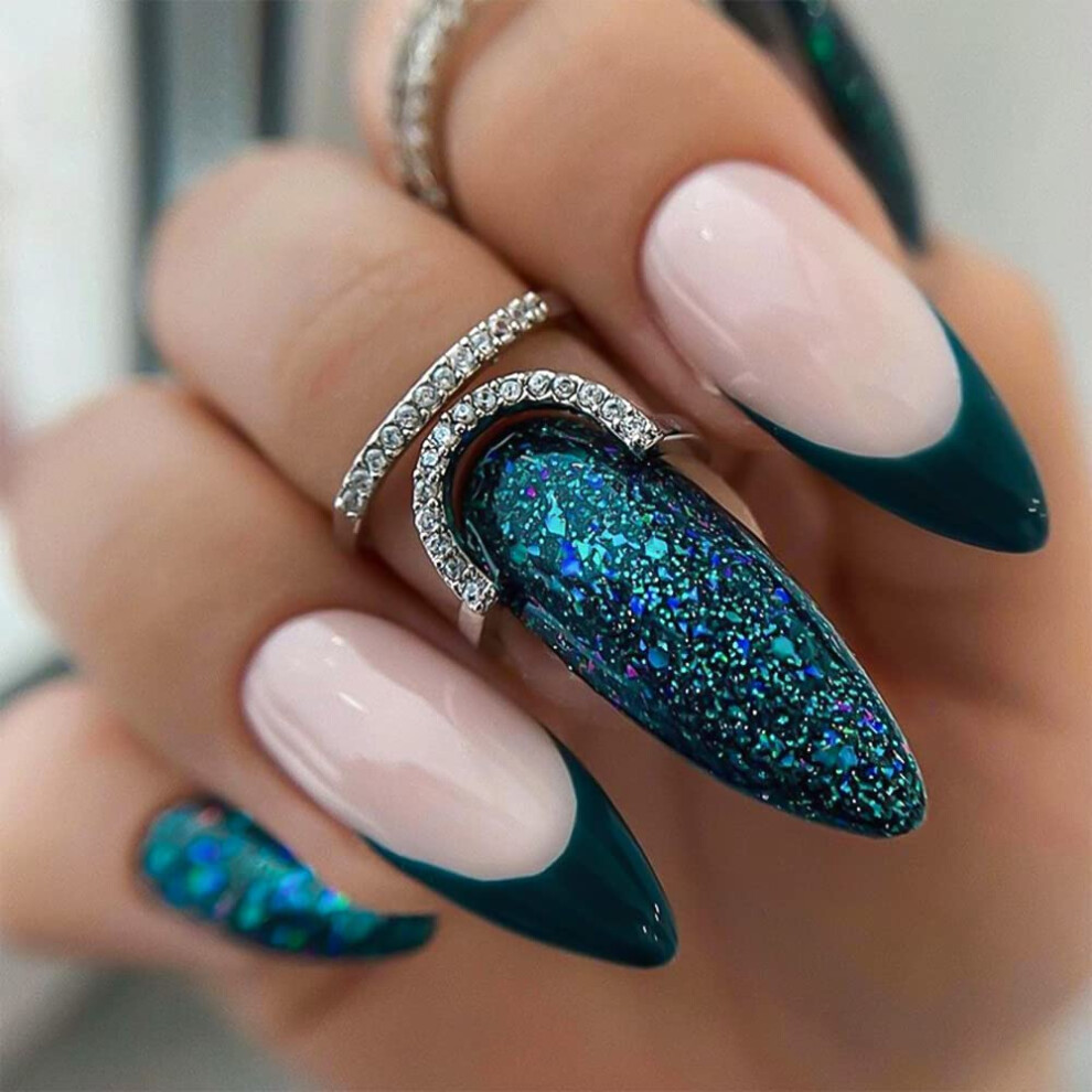 Green Dark Almond Press On Nails Glossy Glitter Acrylic Fake Nail Tips Instant Salon Look 24Pcs