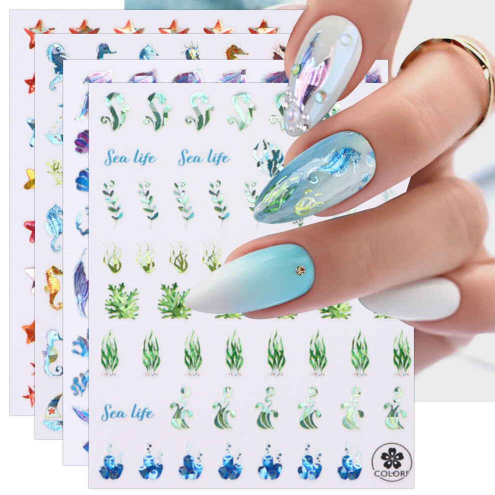 Mermaid Nail Art Stickers 8 Sheets Colorful Ocean Theme SelfAdhesive Decals for DIY Manicure