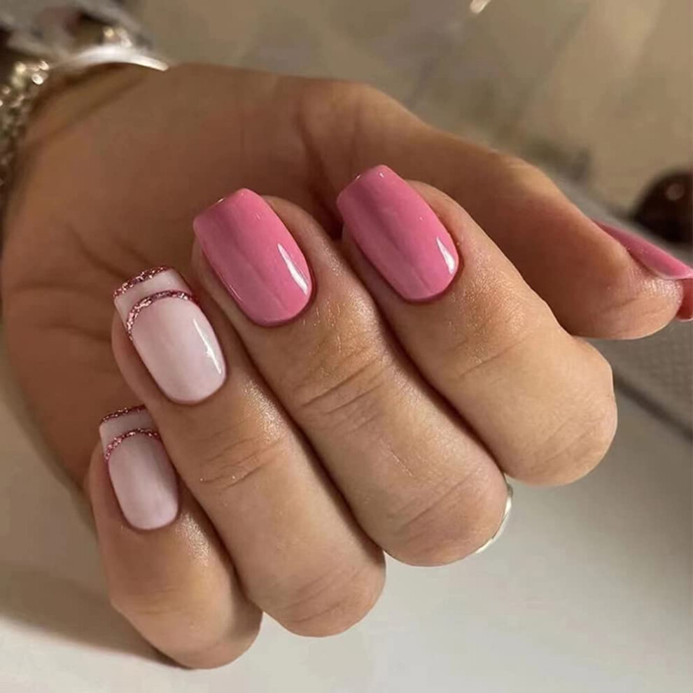 Pink,White Short Square Press On Nails Pink White French Fake Nails With Glitter Glossy Acrylic 24Pcs