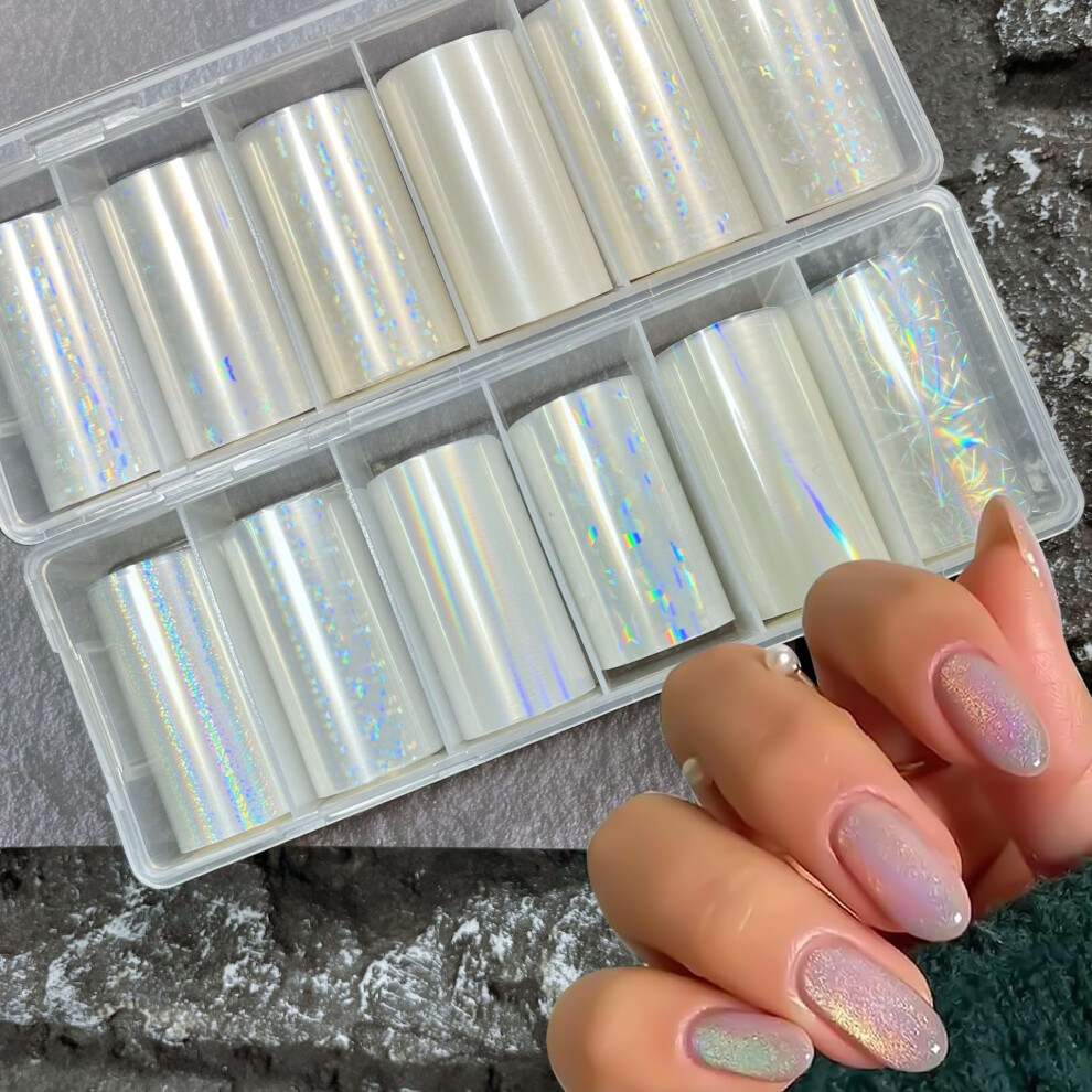 Aurora Nail Foil Transfer Sheets Clear Holographic Rolls Ten Mermaid Designs for Acrylic Gel Nails