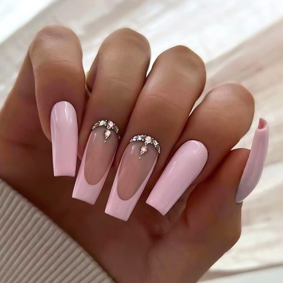 Press on Nails Long Ballet Fake Nails with Rhinestone French Tips Glossy Acrylic 24pcs for Women