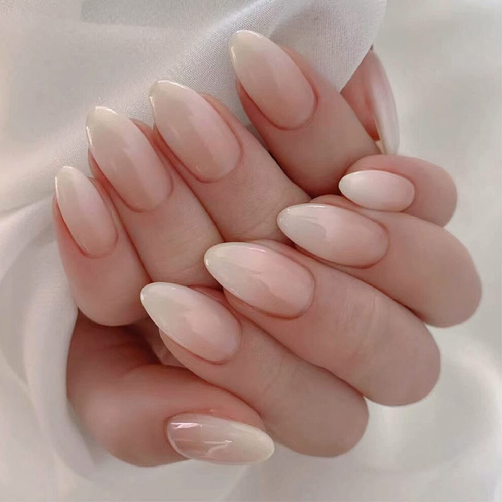 Cream Gradient Almond Press On Nails Set, Medium Long Nude False Nails With Glossy Design For Women