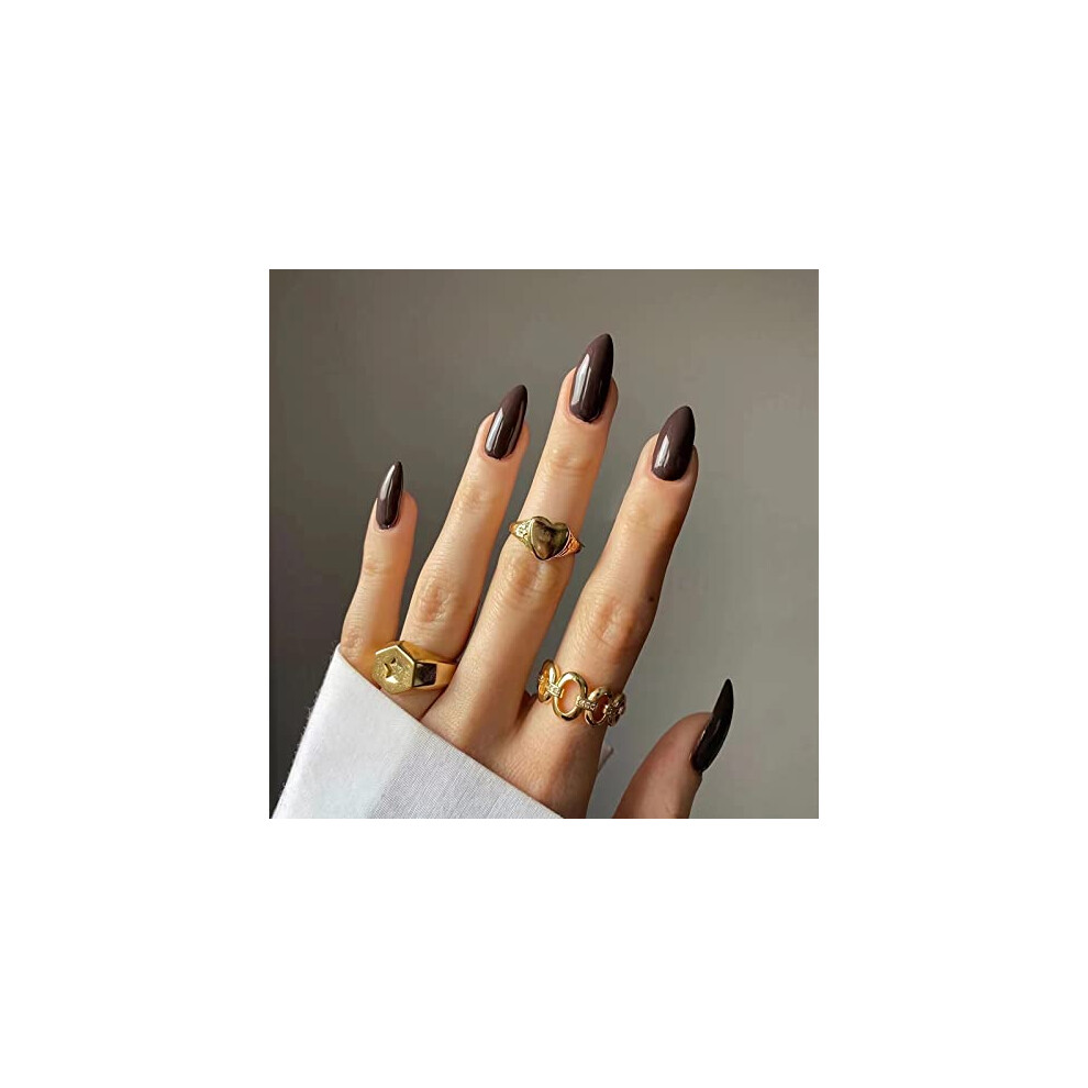 24 Pcs Almond Shape Press on Nails with Glue, Glossy Acrylic Fake Nails Chestnut for Women