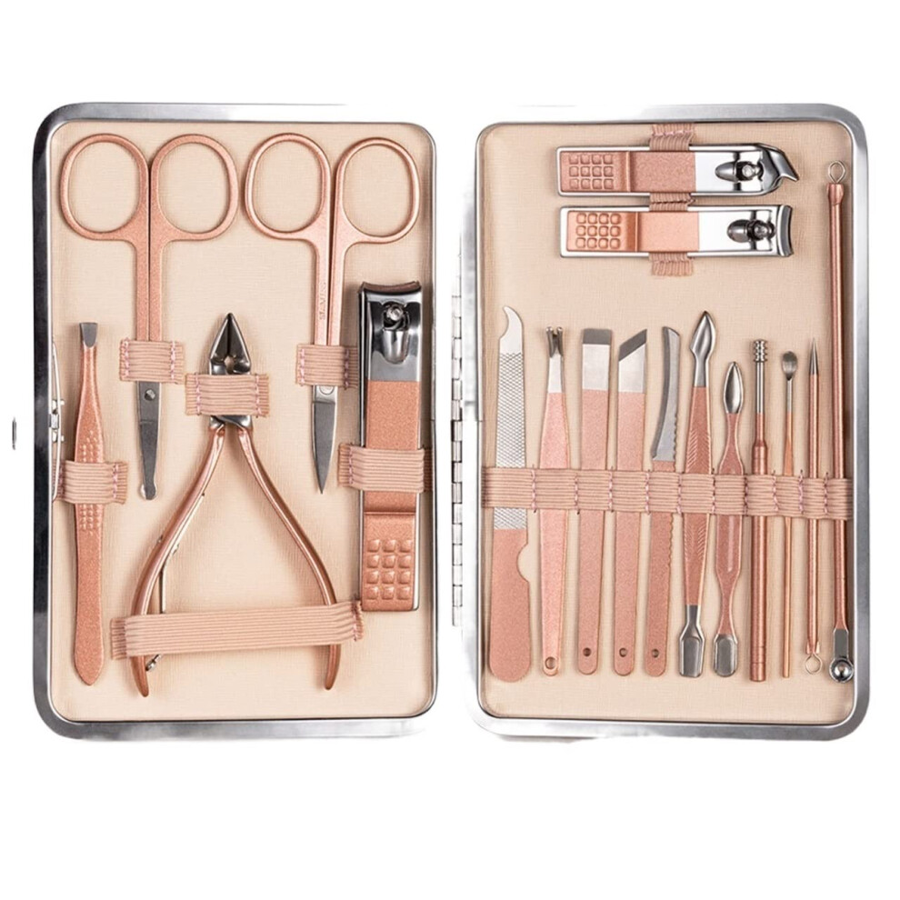 Pink 18Pcs Stainless Steel Manicure Pedicure Set, Professional Nail Clipper Kit With Case