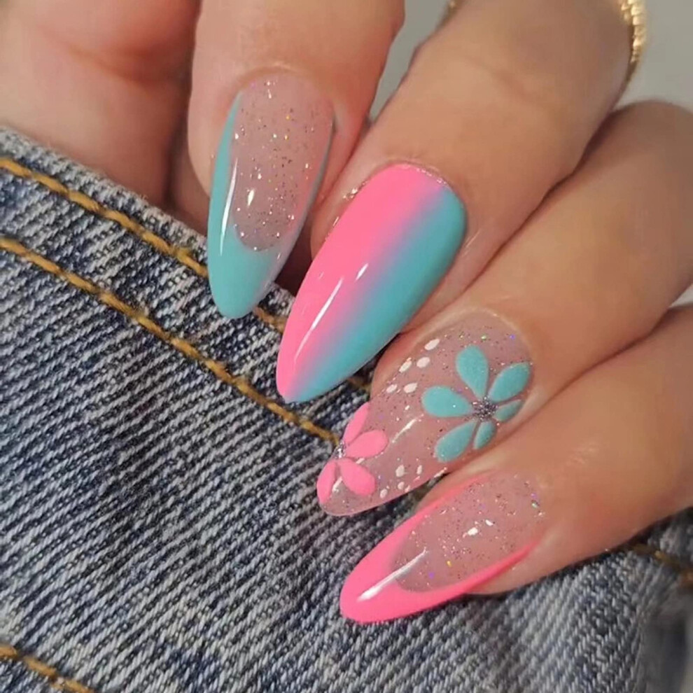 Medium Almond Press On Nails with Glue, Pink French Tip and Blue Ombre Fake Nails Set, 24pcs