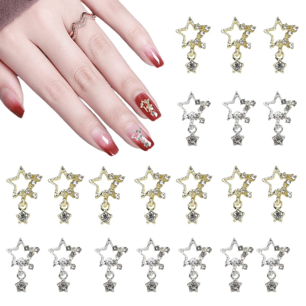 Gold/Silver And Star Nail Charms 20Pcs 3D Rhinestone Alloy Decorations For Acrylic Nails And Crafts