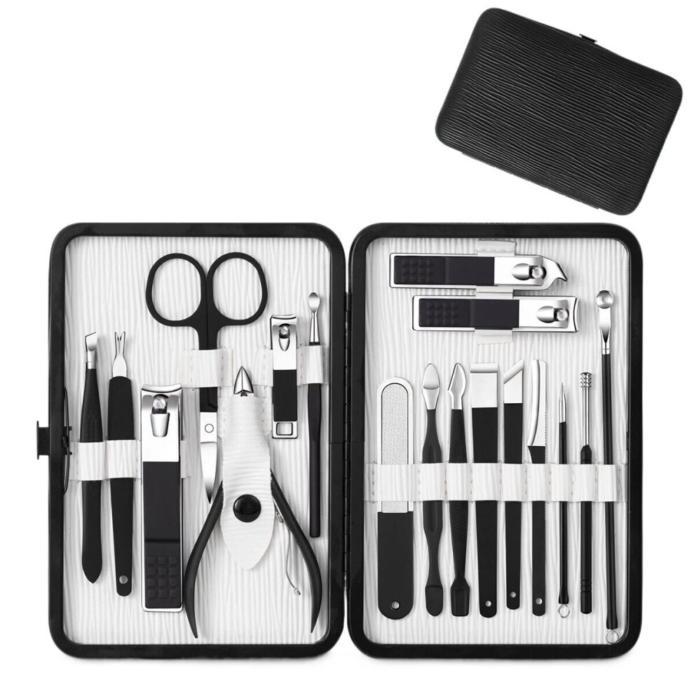 Black Manicure Pedicure Set 18Pcs Stainless Steel Nail Clippers Allinone Grooming Kit