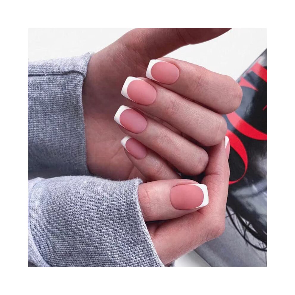 White French Tip Press On Nails Almond Shape Reusable Fake Nails Set With Glue Tabs 24 Pieces