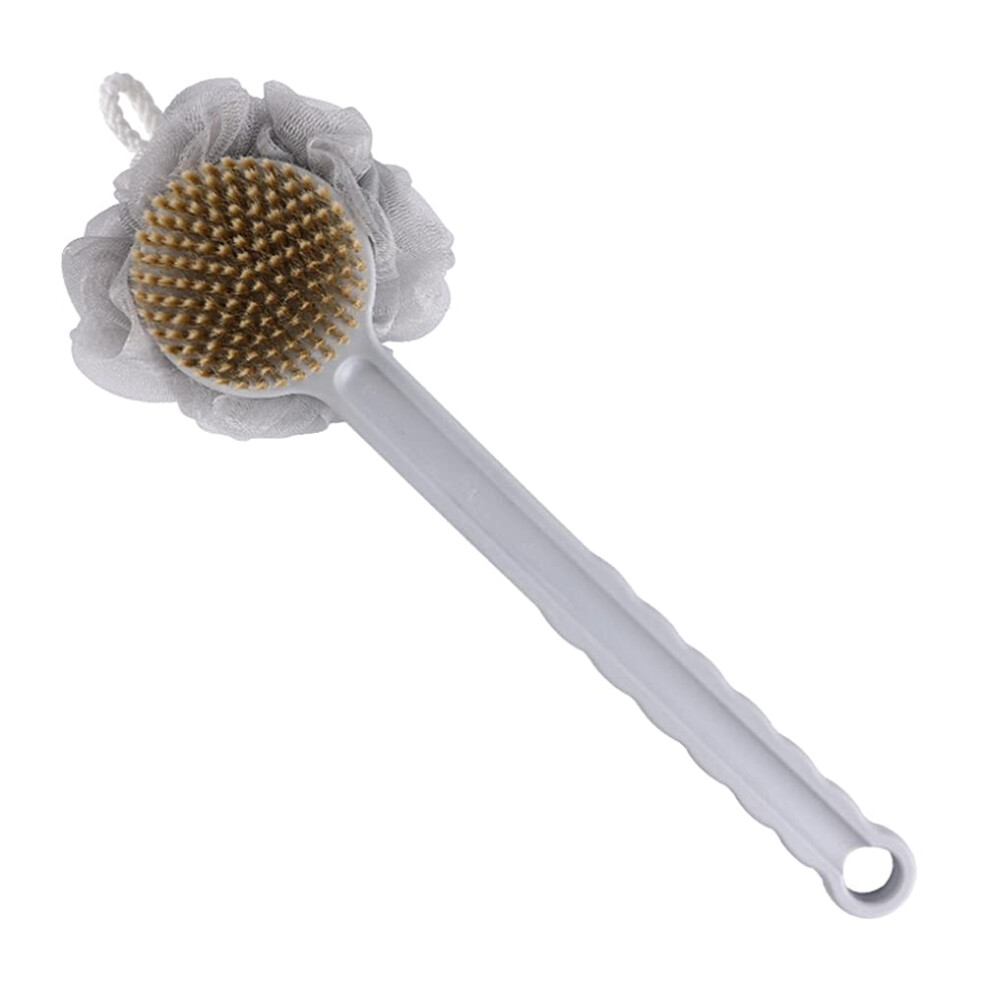 Grey Doublesided Back Scrubber Bath Brush With Dense Bristles And Loofah For Exfoliating And Massage