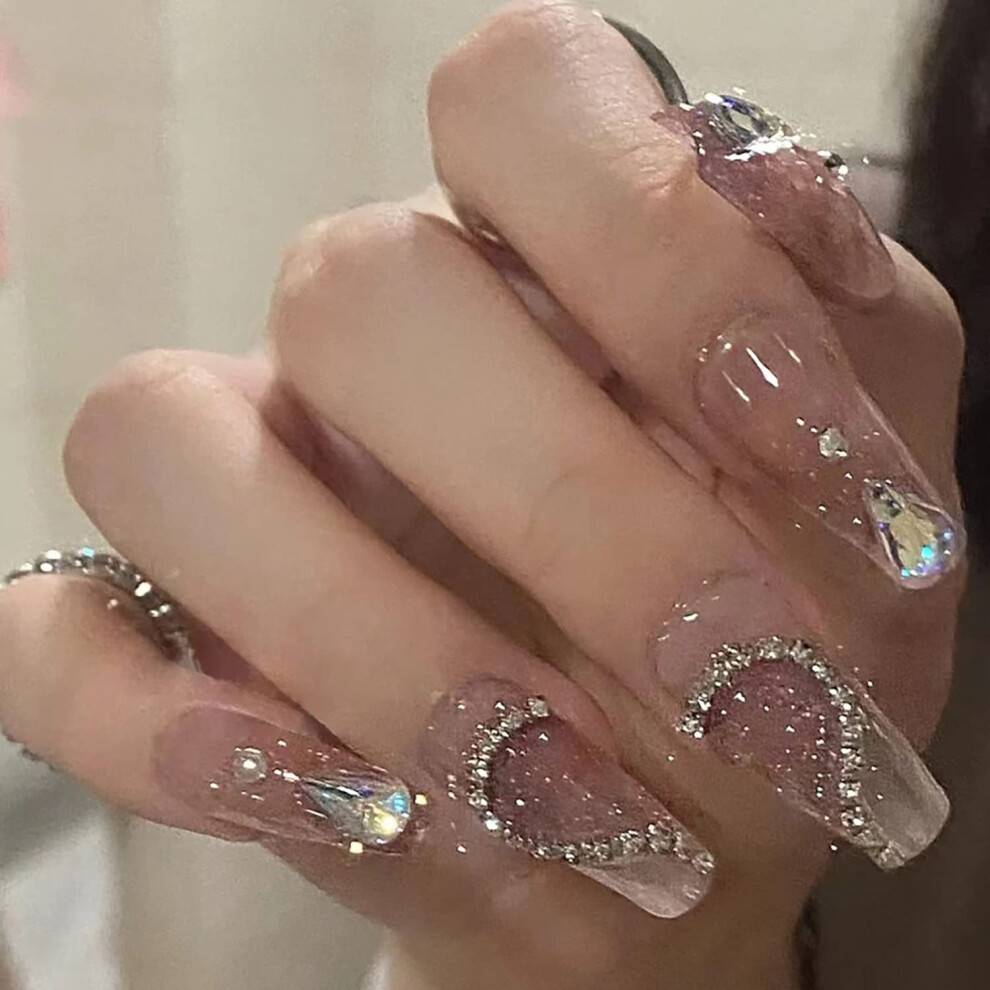 Pink Valentine's Day Heart Press On Nails With Rhinestones Glossy Acrylic Fake Nails 24Pcs