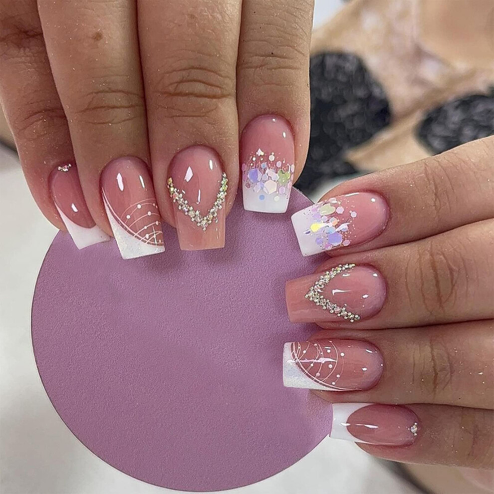 Cream Short Square French Tip Press On Nails Nude Glossy With Rhinestone Accents Instant Salon Manicure