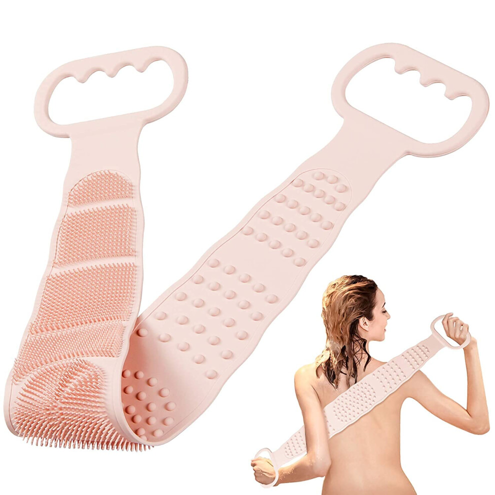 Pink Silicone Back Scrubber With Long Reach Handles, Dualsided Exfoliating Body Brush For Shower,