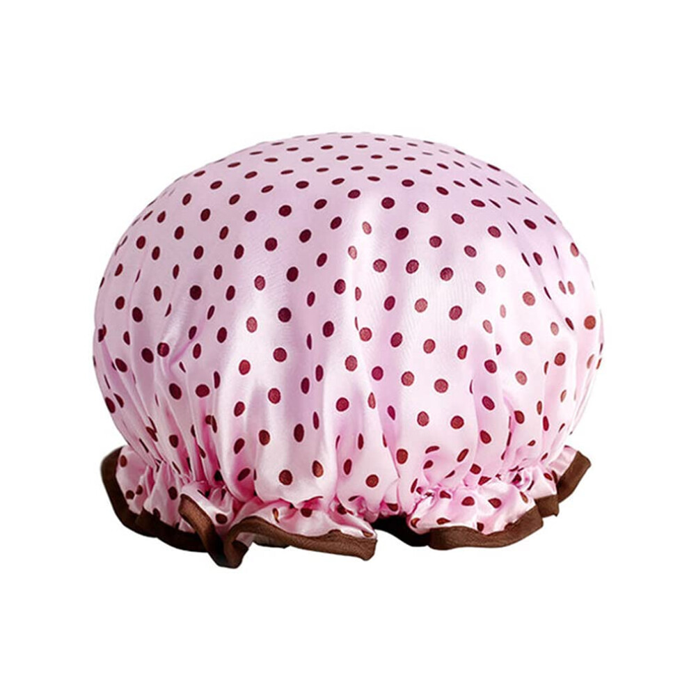 Shower Cap Waterproof Double Layer Elastic Fit Hair Protector for Women Pink Dot