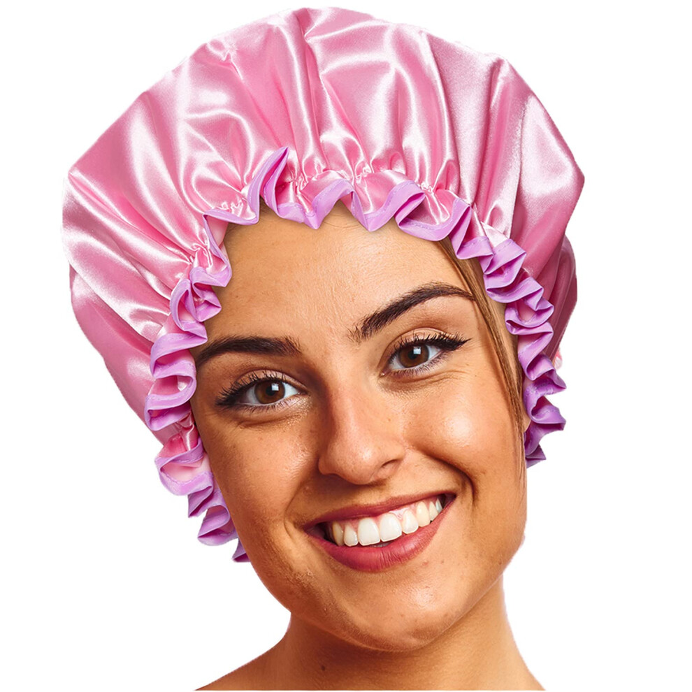 Pink/Lilac Waterproof Shower Cap Dual Layer Satin Reusable Bath Cap Designer And 27Cm