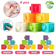 Blocos de montar HAOAN para bebês (pacote com 6) | Brinquedos macios para apertar e empilhar para bebês a partir de 6 meses | Mordedores, Números,
