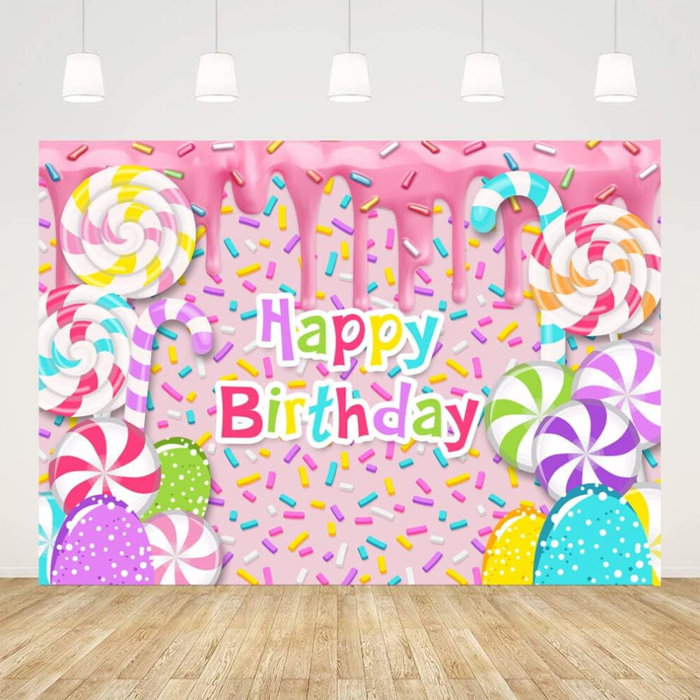 Happy Birthday Photography Backdrop For Kids, Sweet Girls Lollipop Candy Party Decorations, Photo Booth Banner Props Pink 9058772068446