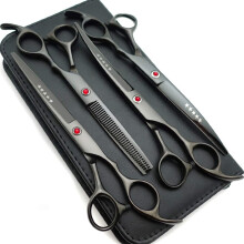 Conjunto de tesouras profissionais de titânio de 7 polegadas para tosa de cães, com lâminas retas, de desbaste e curvas (preto brilhante).