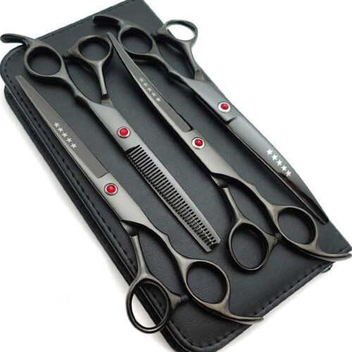 Conjunto de tesouras profissionais de titânio de 7 polegadas para tosa de cães, com lâminas retas, de desbaste e curvas (preto brilhante).