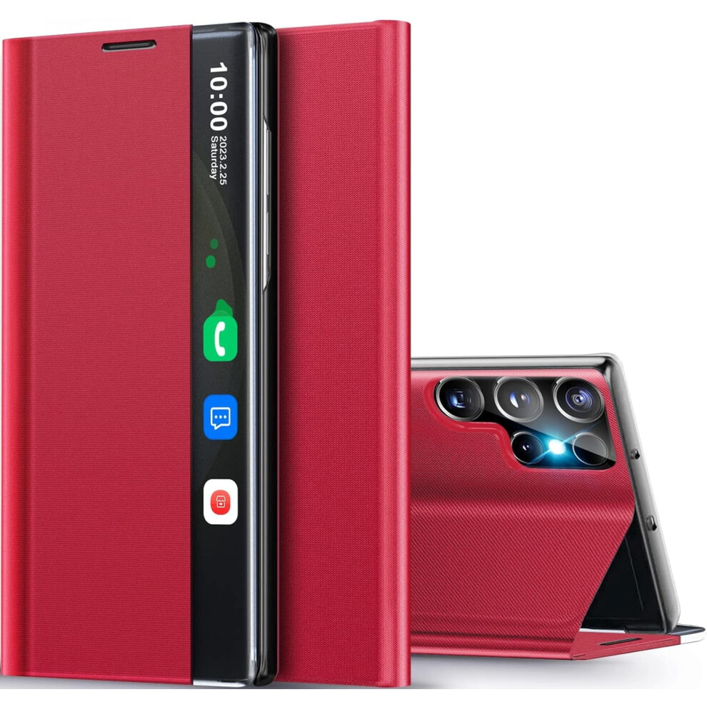 Sumao For Compatible With Samsung Galaxy S23 Ultra Smart Clear View Window With Kickstandï¼Leather Flip Protective Case- Red 9164030486171