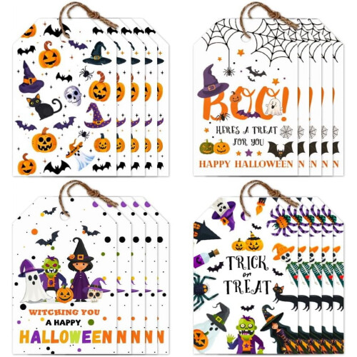 120 τεμάχια 4 στυλ ετικέτες δώρων για το Halloween με κορδόνι, ετικέτες με θέμα το