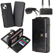 Kompatibel mit iPhone 14 Wallet Case – Abnehmbare magnetische RFID-Blockierungs-Reißverschluss-Geldbörse mit Kartenhalter, Umhängegurt, passend