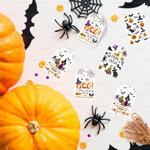 120 τεμάχια 4 στυλ ετικέτες δώρων για το Halloween με κορδόνι, ετικέτες με θέμα το 2