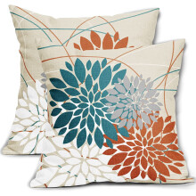 Capas de almofada em tons de azul-petróleo e laranja, 50x50cm, com estampa de dálias em branco e cinza, conjunto com 2 unidades. Combinam com