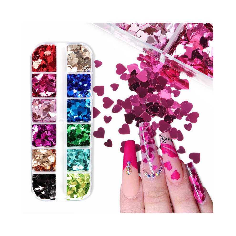Red Valentine's Day Nail Art Glitter 12 Colors Holographic 3D Heart Sequins For Diy Manicure