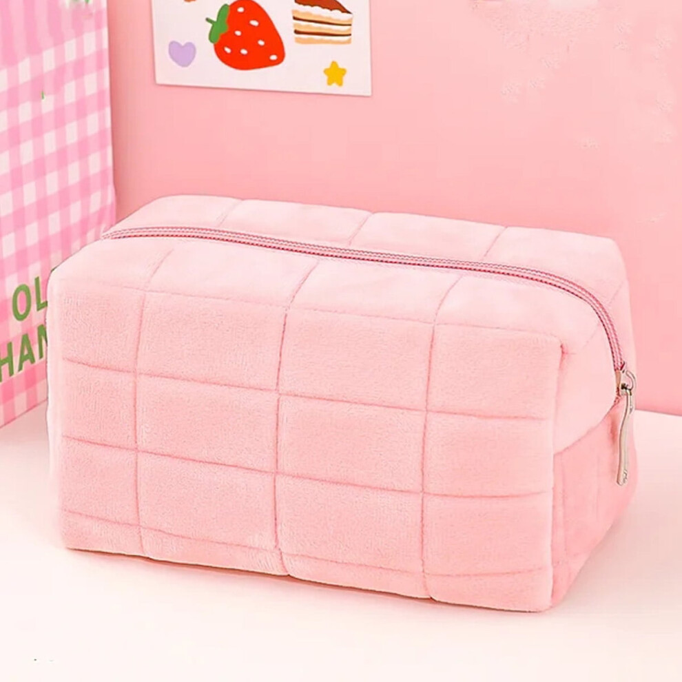 Pink Women Zipper Cosmetic Storage Bag Large Solid Color Makeup Organizer Stationery Pencil Case Travel Storage Bagï¼