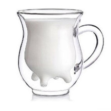 Begine1X Milchbecher, Milchbecher in Kuh-Euter-Form, doppelwandiger, durchsichtiger Glasbecher mit Henkel für Milch, Kaffee und Tee, Abverkauf