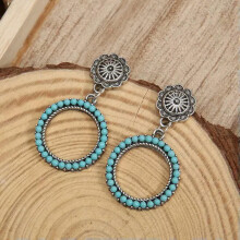 Orecchini geometrici RSAMD con cerchio di pietre turchesi, stile retrò vintage, con motivo floreale in argento testurizzato - Turchese