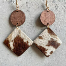 Pendientes redondos geométricos cuadrados de madera con estampado de guepardo vintage de RSAMD - #3