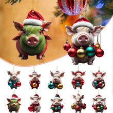 Set van 10 kerstornamenten in de vorm van een varkentje, gemaakt van acryl. Schattig varkentje met bal en boom, geschikt voor kerstbomen, deuren en