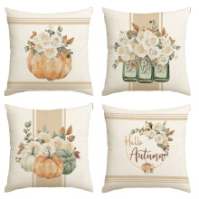 Sm: )e Hallo Herfstbloem Esdoornbladeren Oranje Pompoen Aquarel Herfst Sierkussenhoezen 18x18 inch Set van 4