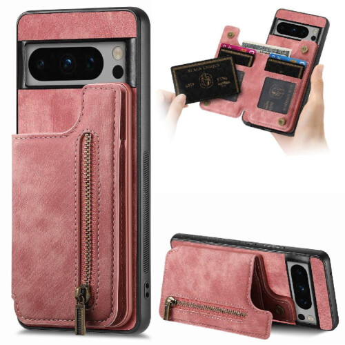 Etui til Google Pixel8Pro med stativfunktion, foldbart bagcover, vintage lynlås, pung
