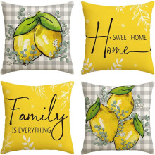 Sommerlich-zitronengelbes Büffelkaromuster, 45 x 45 cm, „Zuhause ist es am schönsten, Familie ist alles“-Kissenbezug für Sofa und Couch,