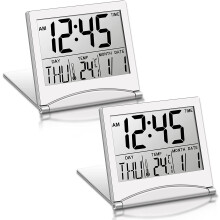 2dílný digitální cestovní budík, na baterie, skládací LCD s kalendářem, teplotou, odložením buzení, velkým displejem, přenosný