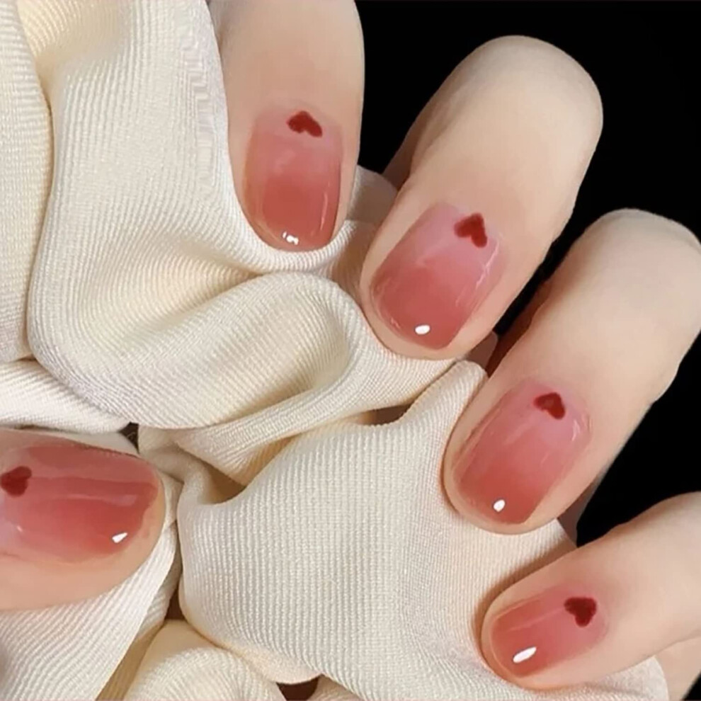 Red Short Square Press On Nails With Heart, Glossy Gradient Fake Nails For Women, Reusable 24Pcs