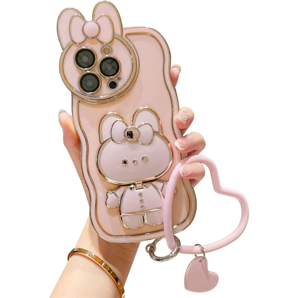Cute Bunny Hidden Stand Compatible With Iphone 13 Case, Plating Bumper Shockproof Mirror Bracket 3D Rabbit Case With Heart Chain For Women, Girl - 9191629128150
