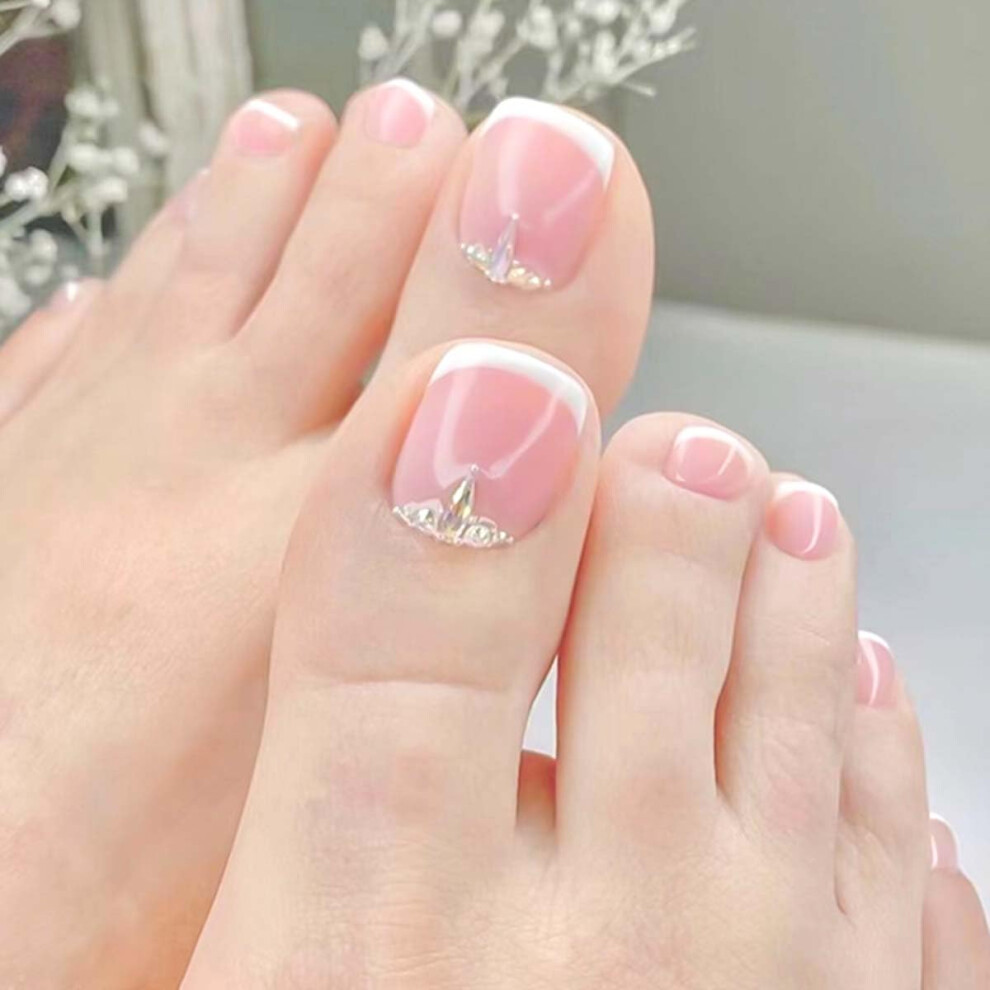 Pink,Cream Press On Toenails Nude Pink Acrylic Set With French Tip And Glitter Rhinestone Accents 24Pcs