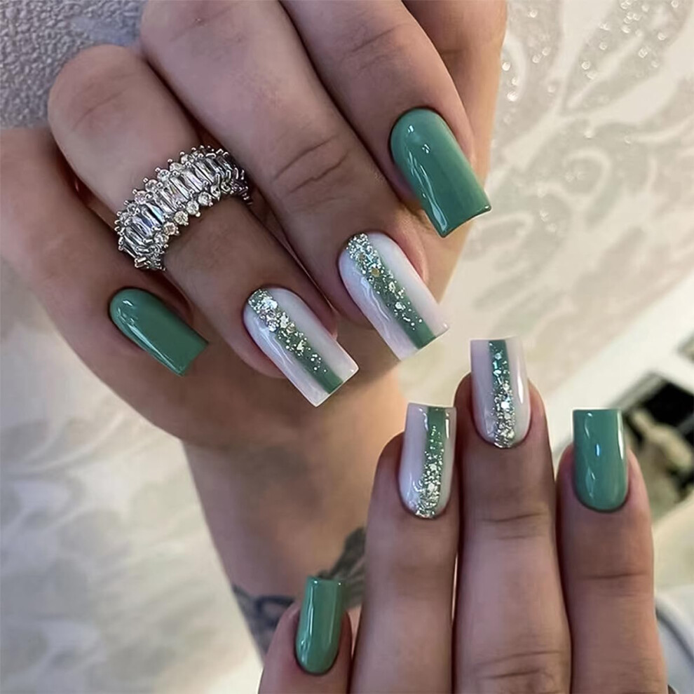 Medium Green Square Press On Nails  Glossy Glitter Full Cover Fake Nails for Women, 24pcs