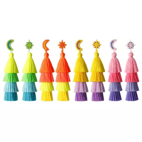 Brincos Boho Artesanais RSAMD com Pequenas Miçangas, Estrela e Lua, Macramê e Borla de Algodão - Verde 1