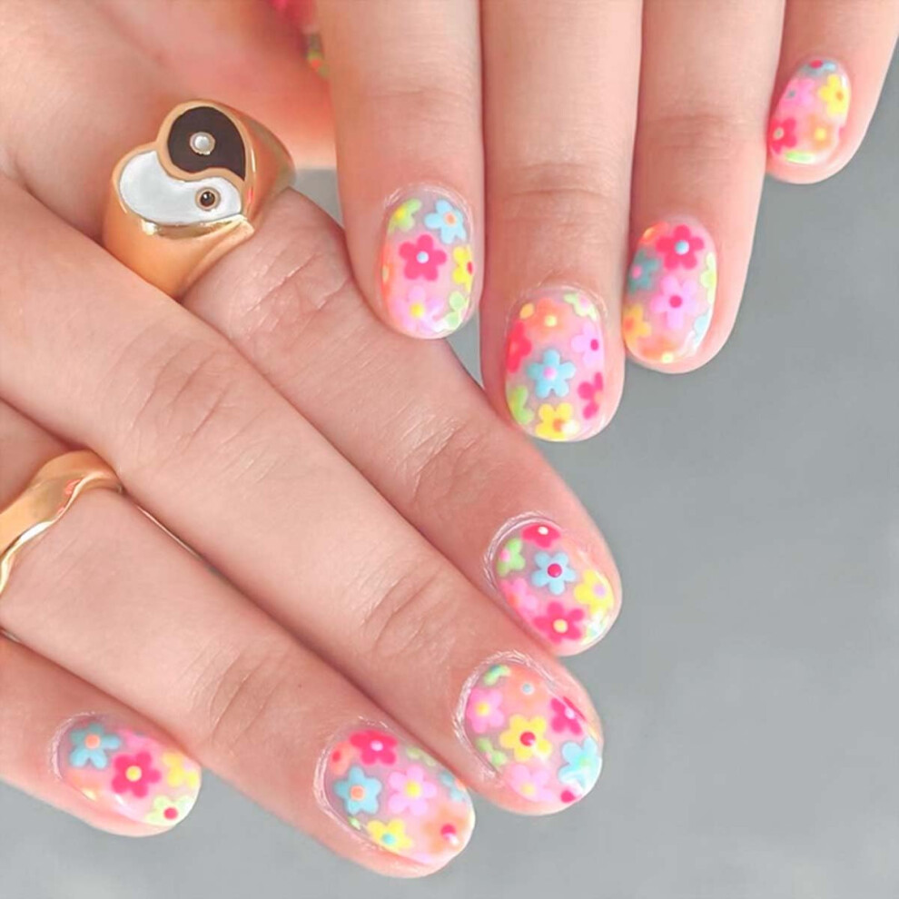 Pink Short Oval Press On Nails With Glue Floral Fake Nails Set Longlasting Reusable For Women 24Pcs