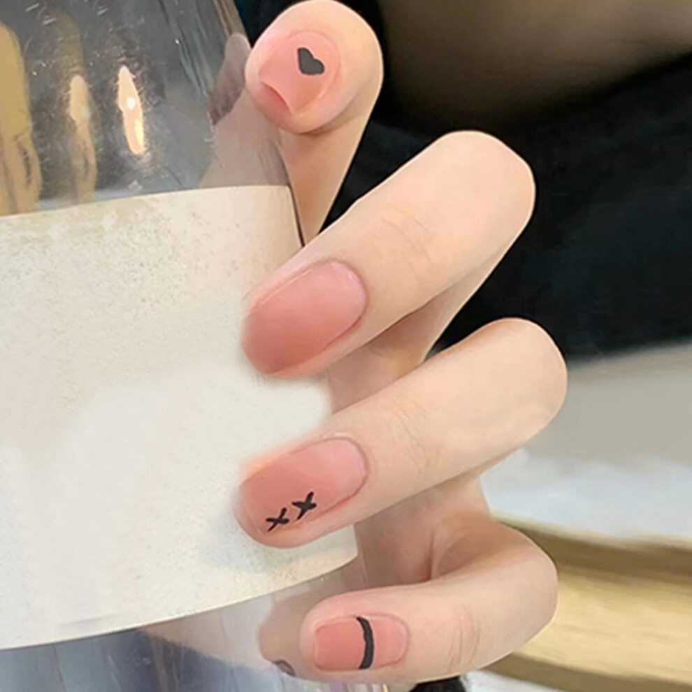 Short Press On Nails with Glue, Matte Pink Nude and Black Peach Heart Acrylic Fake Nails