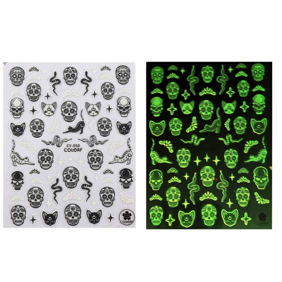 Dark Halloween Glow In The Nail Stickers 3D Pumpkin Skeleton Luminous Nail Art Decals Cy050
