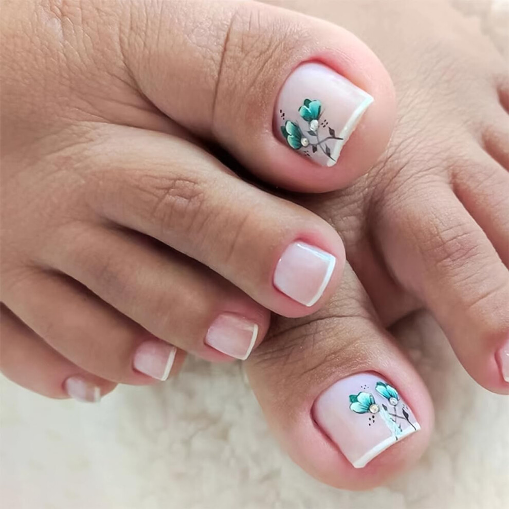 Press on Toenails for Women French Tip Fake Toenails Reusable Acrylic Glossy Full Cover 24Pcs